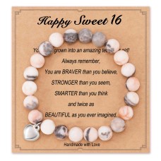16 Birthday Gifts for Girls, Natural Stone Heart Bracelets for Daughter Granddaughter Niece Friend Sister HA006-Birth-16-Pink