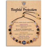 HGDEER Evil Eye Bracelets, Crystal Lucky Protection Gifts for Women Girls | Amethyst Clear Quartz Black Tourmaline & Tiger Eye 4mm Beads, Mal de Ojo Good Luck Charm, Adjustable String Fits 10.2 in