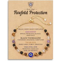 Evil Eye Dainty Bracelet - 14k Gold Plated Natural Crystal Protection Bracelet - 5 Healing Stones Clear Quartz Amethyst Black Tourmaline Tiger Eye Adjustable Spiritual Guardian Jewelry Gift with Meaning Card