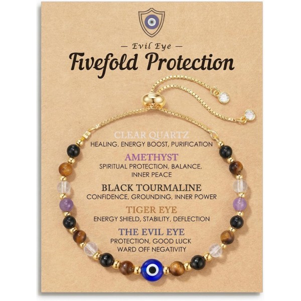 Evil Eye Dainty Bracelet - 14k Gold Plated Natural Crystal Protection Bracelet - 5 Healing Stones Clear Quartz Amethyst Black Tourmaline Tiger Eye Adjustable Spiritual Guardian Jewelry Gift with Meaning Card