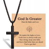 Christian Cross Necklace for Teen Boys, Encouragement Faith Gift for Son Grandson Nephew or Godson, Black Stainless Steel Cross Pendant with Joshua 1:9 Card, Baptism First Communion Confirmation Graduation Gift