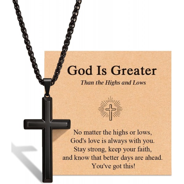 Christian Cross Necklace for Teen Boys, Encouragement Faith Gift for Son Grandson Nephew or Godson, Black Stainless Steel Cross Pendant with Joshua 1:9 Card, Baptism First Communion Confirmation Graduation Gift