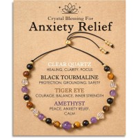 HGDEER Calm in Every Bead, Amethyst Crystal Bracelet Stress Relief Gift | Black Tourmaline Amethyst Tiger Eye & Clear Quartz on Sturdy Cord, Slider Adjusts 5-10 in, Crystal Blessing Card & Pouch