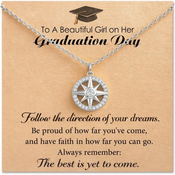 HGDEER Graduation Gift for Her Compass Necklace - Follow Your Dreams 14K Gold Plated Cubic Zirconia North Star Pendant Jewelry for Women with Congratulations Card and Velvet Gift Pouch