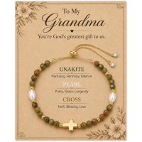 HGDEER Grandma You're God's Greatest Gifts to Us - Unakite Pearl Cross Bracelet Jewelry for Grandma - with Heartfelt Card and Velvet Gift Pouch