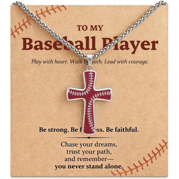 Baseball Cross Necklace for Boys, Baseball Necklace Gift for Son Grandson Teammates, Stainless Steel Cross Pendant with Encouraging Message Card and Gift Pouch, Meaningful Baseball Gifts for Boys