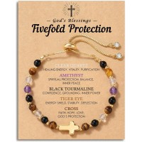 HGDEER God's Blessings Cross Bracelet for Women, Christian Protection Gift | 14k Gold-Plated Cross, 4 Natural Gemstones, Bolo Adjustable Fit, Hypoallergenic No Fade, Velvet Pouch & Blessing Card