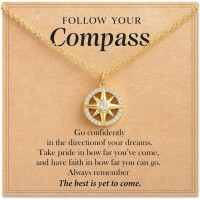 HGDEER Compass Necklace Gift for Her - Follow Your Dreams 14K Gold Plated Cubic Zirconia North Star Pendant Jewelry for Women with Congratulations Card and Velvet Gift Pouch