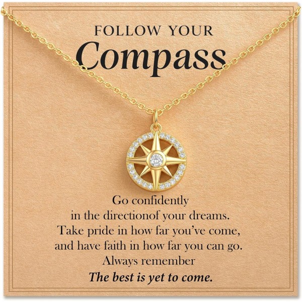 HGDEER Compass Necklace Gift for Her - Follow Your Dreams 14K Gold Plated Cubic Zirconia North Star Pendant Jewelry for Women with Congratulations Card and Velvet Gift Pouch
