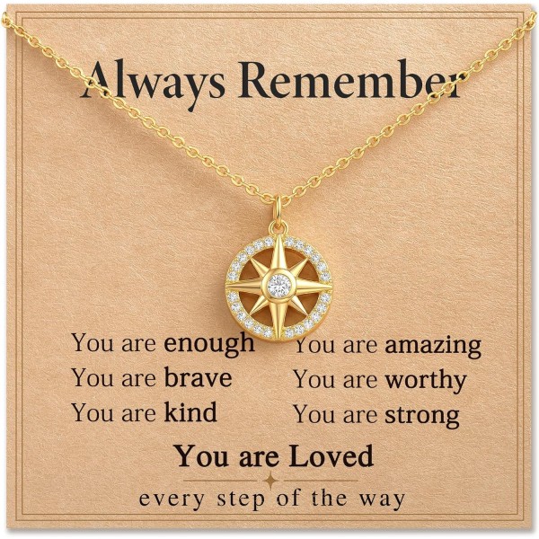 Compass Necklace Gift for Her - Follow Your Dreams 14K Gold Plated Cubic Zirconia North Star Pendant Jewelry for Women with Always Remember Card and Velvet Gift Pouch Compass Necklace Gift for Her - Follow Your Dreams 14K Gold Plated Cubic Zirconia North Star Pendant Jewelry for Women with Always Remember Card and Velvet Gift Pouch