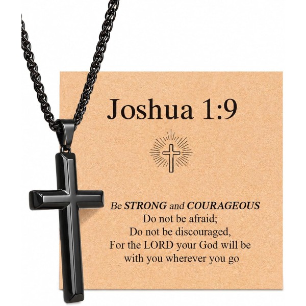 Christian Cross Necklace for Teen Boys, Encouragement Faith Gift for Son Grandson Nephew or Godson, Black Stainless Steel Cross Pendant with Joshua 1:9 Card, Baptism First Communion Confirmation Graduation Gift Christian Cross Necklace for Teen Boys, Encouragement Faith Gift for Son Grandson Nephew or Godson, Black Stainless Steel Cross Pendant with Joshua 1:9 Card, Baptism First Communion Confirmation Graduation Gift