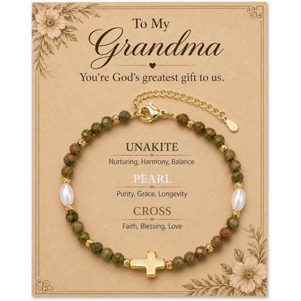 Grandma You're God's Greatest Gifts to Us - Unakite Pearl Cross Bracelet Jewelry for Grandma - with Heartfelt Card and Velvet Gift Pouch Grandma You're God's Greatest Gifts to Us - Unakite Pearl Cross Bracelet Jewelry for Grandma - with Heartfelt Card and Velvet Gift Pouch